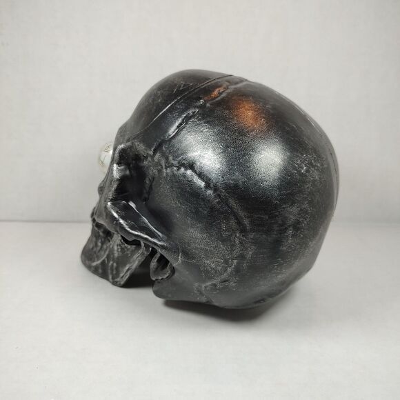 Old East Main Co Black Plastic 7 inch Skull Halloween Tabletop Decor Green Eyes - Picture 11 of 14